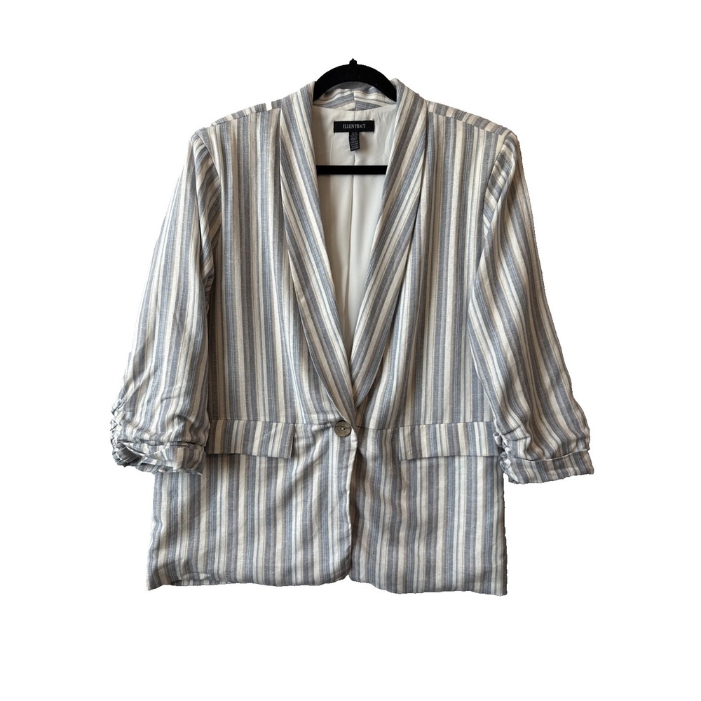 Ellen Tracy Striped Ruched Sleeve Linen Blend Button Blazer XL Coastal Resort